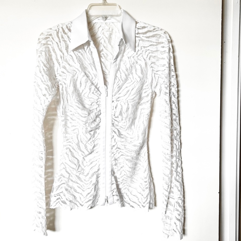Stunning NWOT Cache White Stretch Lace Sheer Zip Front Blouse, Size S/M